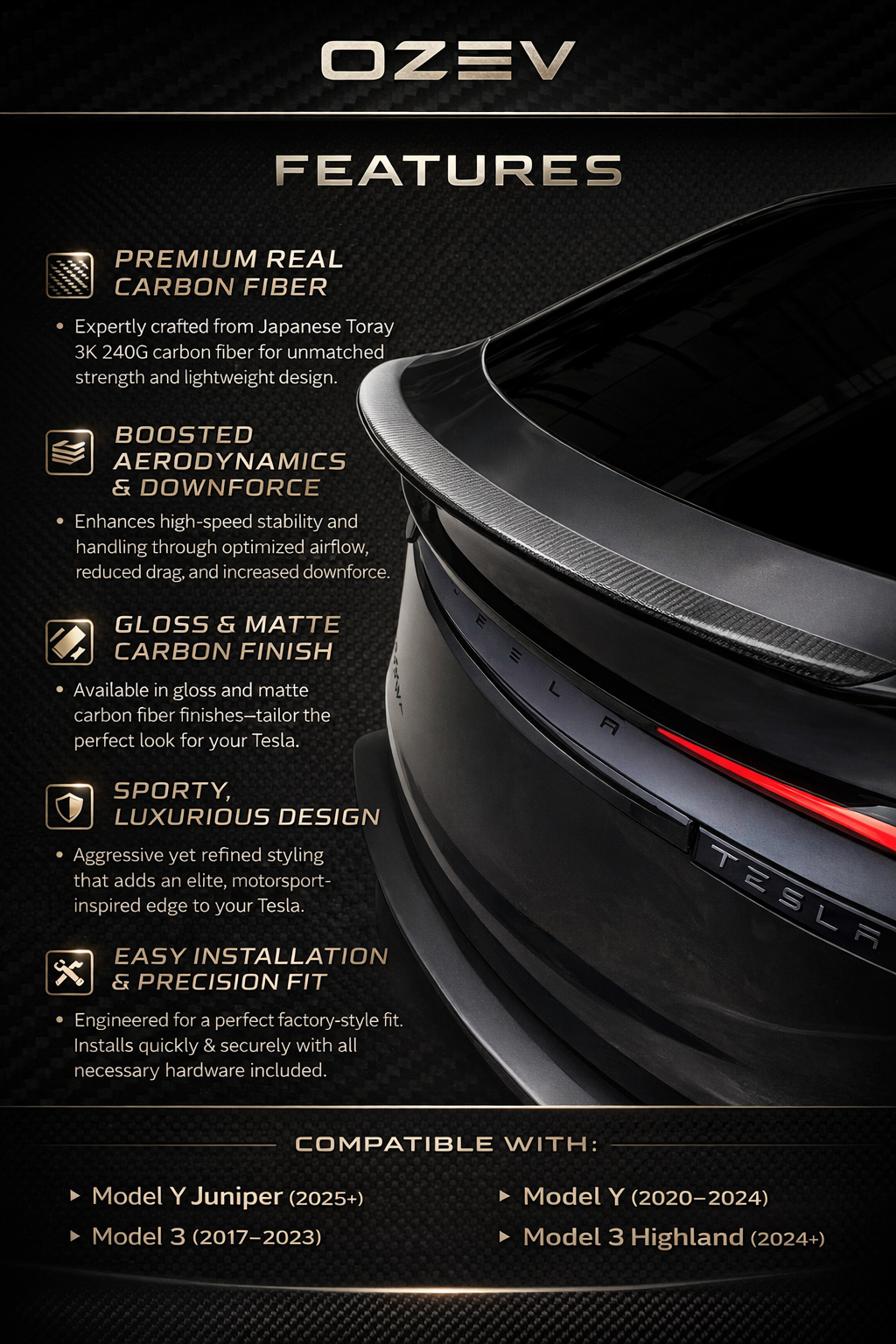 Performance Style Real Dry Carbon Fibre Spoiler for Model 3/Y